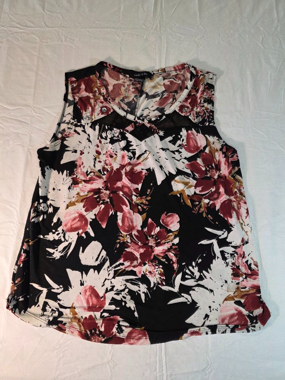 Adele & May Sleeveless Mesh Panel Floral Design Blouse Top Women's Size Lg